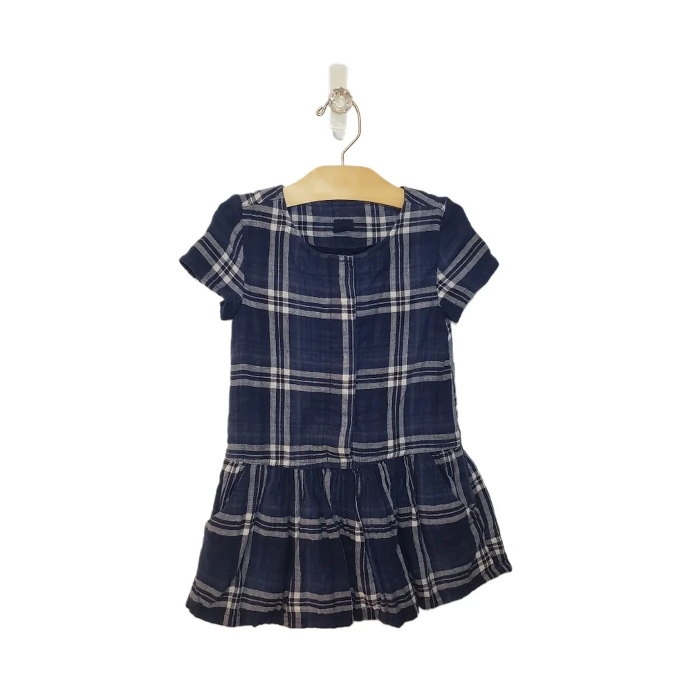 Gap Kids XS 4-5 Y Girls Blue Plaid Button Placket Drop Waist Short Sleeves